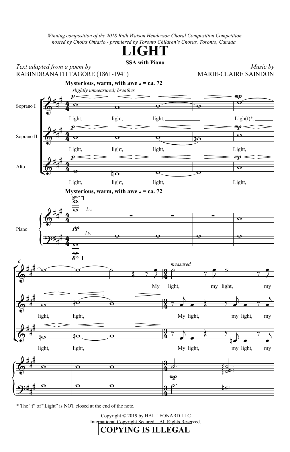 Marie-Claire Saindon Light sheet music notes and chords. Download Printable PDF.