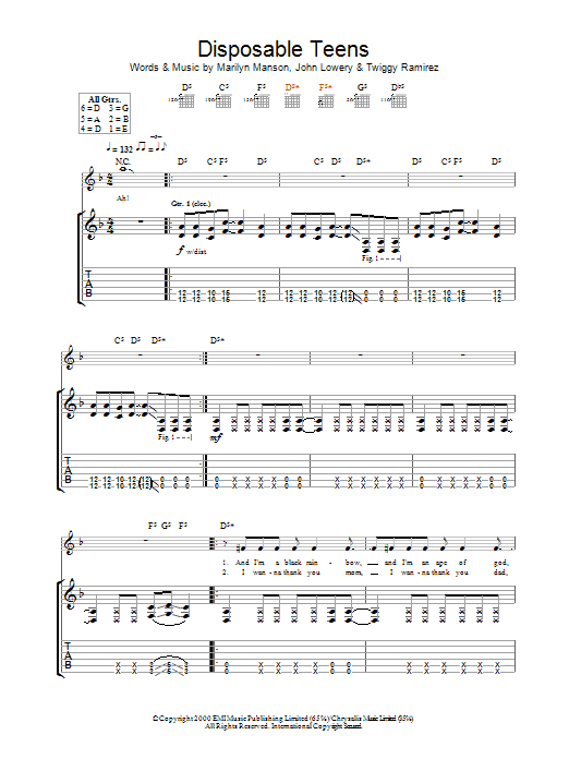 Learn to play Marilyn Manson Disposable Teens sheet music for Guitar Tab in minutes. Marilyn Manson Disposable Teens sheet music notes and chords. Download Printable PDF.
