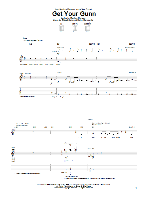 Marilyn Manson Get Your Gunn sheet music notes and chords. Download Printable PDF.