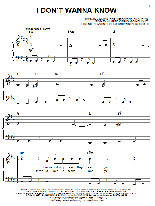 Mario Winans I Don't Wanna Know sheet music notes and chords. Download Printable PDF.