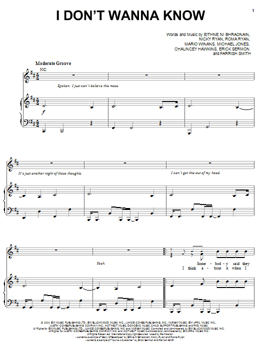 Mario Winans I Don't Wanna Know sheet music notes and chords. Download Printable PDF.