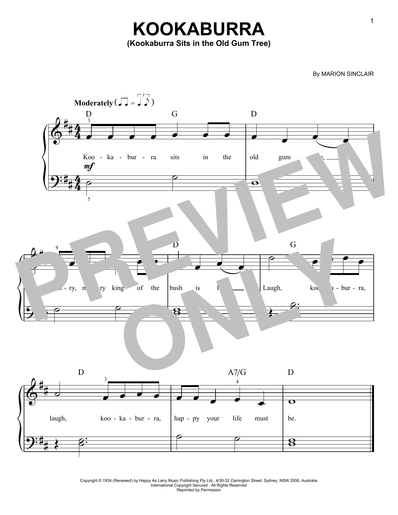 Learn to play Marion Sinclair Kookaburra (Kookaburra Sits In The Old Gum Tree) sheet music for Easy Piano in minutes. Price: 6.9900$ Marion Sinclair Kookaburra (Kookaburra Sits In The Old Gum Tree) sheet music notes and chords arranged for Easy Piano