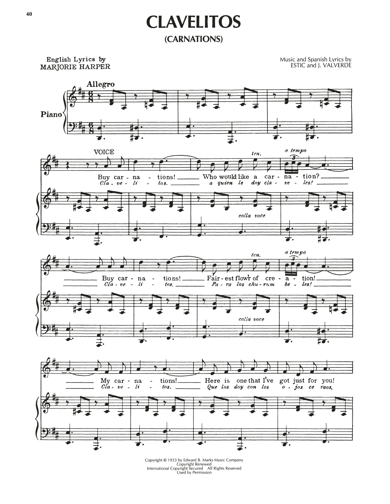 Marjorie Harper Clavelitos sheet music notes and chords. Download Printable PDF.