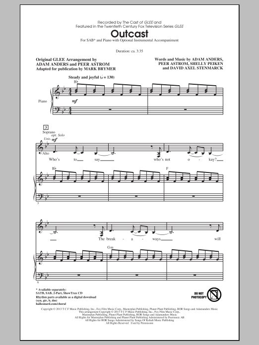 Glee Cast Outcast (arr. Mark Brymer) sheet music notes and chords - Download Printable PDF and start playing in minutes.