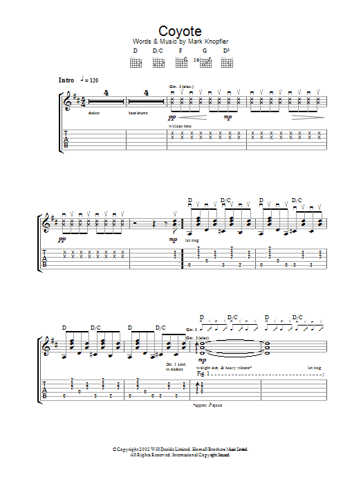 Mark Knopfler Coyote sheet music notes and chords - Download Printable PDF and start playing in minutes.