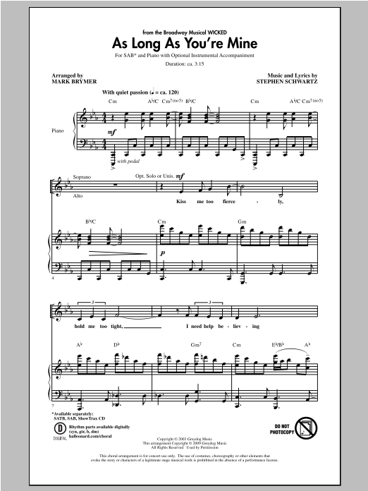 Learn to play Mark Brymer As Long As You're Mine (from Wicked) sheet music for SAB Choir in minutes. Price: 3.9900$ Mark Brymer As Long As You're Mine (from Wicked) sheet music notes and chords arranged for SAB Choir
