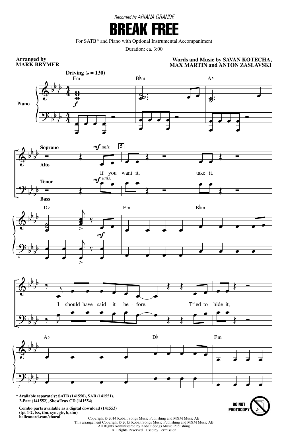 Ariana Grande Break Free (feat. Zedd) (arr. Mark Brymer) sheet music notes and chords. Download Printable PDF.