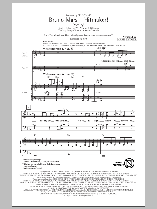 Learn to play Mark Brymer Bruno Mars: Hitmaker! (Medley) sheet music for SATB Choir in minutes. Price: 4.9900$ Mark Brymer Bruno Mars: Hitmaker! (Medley) sheet music notes and chords. Download Printable PDF.