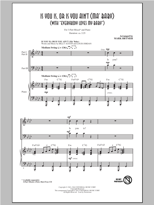 Louis Jordan Is You Is, Or Is You Ain't (Ma' Baby) (arr. Mark Brymer) sheet music notes and chords arranged for 3-Part Mixed Choir