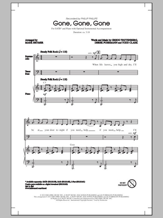 Phillip Phillips Gone, Gone, Gone (arr. Mark Brymer) sheet music notes and chords. Download Printable PDF.