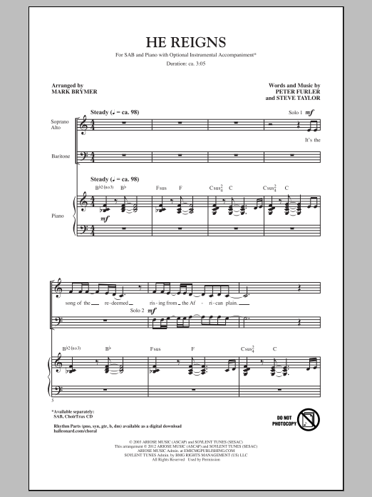 Newsboys He Reigns (arr. Mark Brymer) sheet music notes and chords. Download Printable PDF.