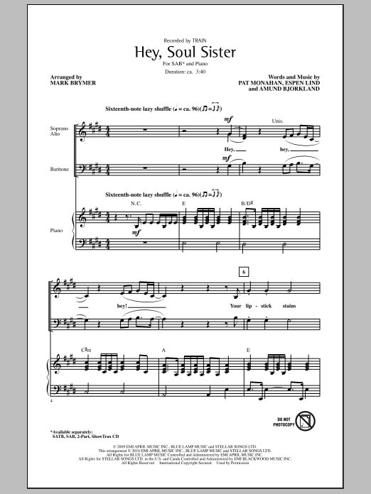 Mark Brymer Hey, Soul Sister sheet music notes and chords. Download Printable PDF.