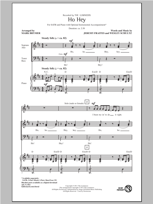 The Lumineers Ho Hey (arr. Mark Brymer) sheet music notes and chords arranged for SATB Choir