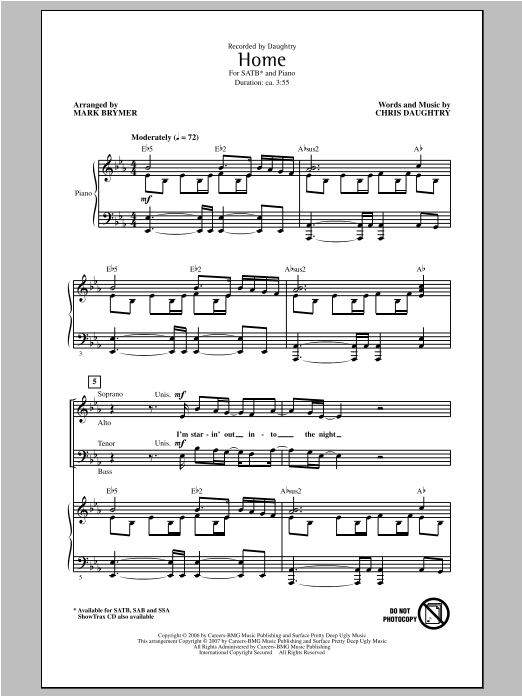 Daughtry Home (arr. Mark Brymer) sheet music notes and chords. Download Printable PDF.
