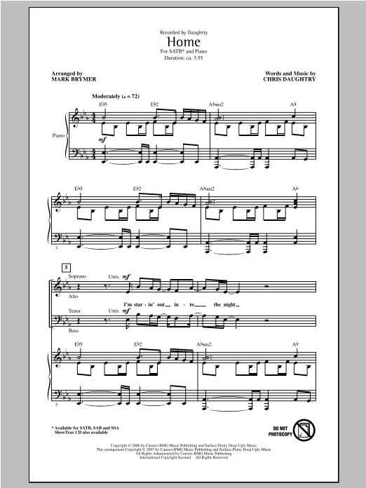 Daughtry Home (arr. Mark Brymer) sheet music notes and chords arranged for SATB Choir