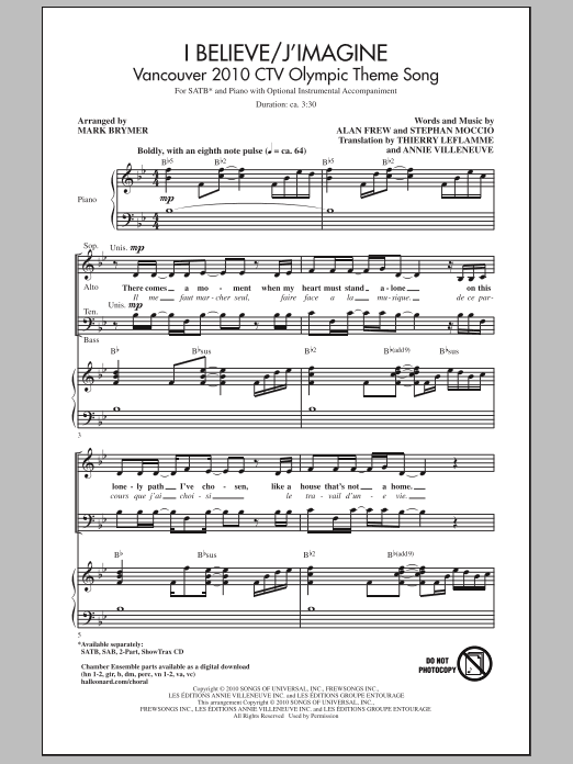 Learn to play Mark Brymer I Believe / J'Imagine sheet music for SATB Choir in minutes. Price: 3.9900$ Mark Brymer I Believe / J'Imagine sheet music notes and chords arranged for SATB Choir