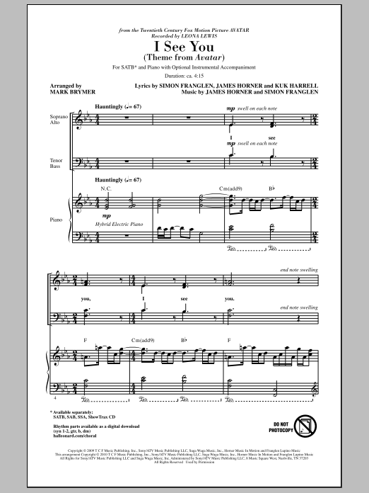 Learn to play Mark Brymer I See You (Theme from Avatar) sheet music for 2-Part Choir in minutes. Price: 3.9900$ Mark Brymer I See You (Theme from Avatar) sheet music notes and chords arranged for 2-Part Choir