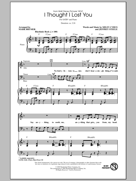 Learn to play Mark Brymer I Thought I Lost You (from Bolt) sheet music for SAB Choir in minutes. Price: 3.9900$ Mark Brymer I Thought I Lost You (from Bolt) sheet music notes and chords arranged for SAB Choir