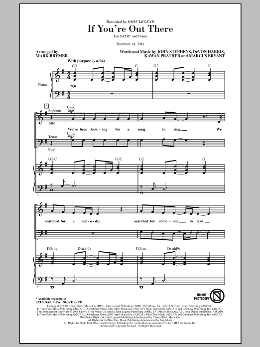 Learn to play Mark Brymer If You're Out There sheet music for 2-Part Choir in minutes. Price: 3.9900$ Mark Brymer If You're Out There sheet music notes and chords arranged for 2-Part Choir