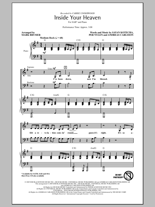 Carrie Underwood Inside Your Heaven (arr. Mark Brymer) sheet music notes and chords. Download Printable PDF.