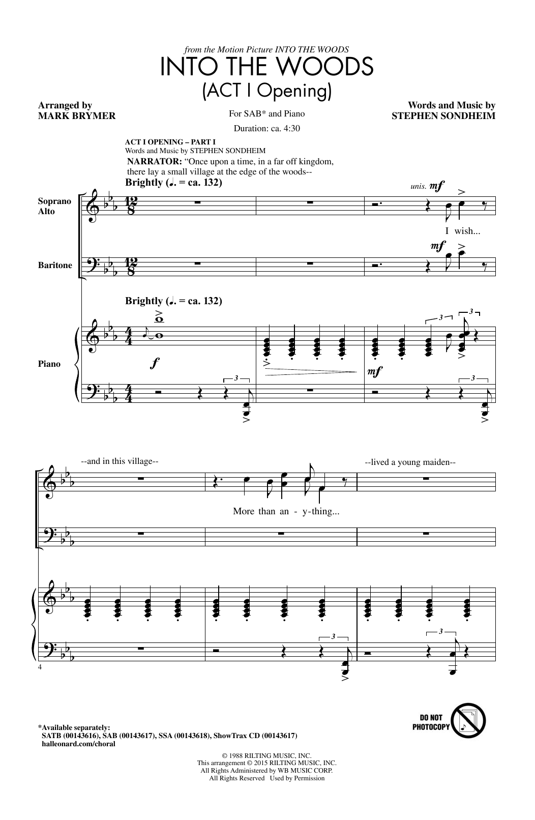 Learn to play Stephen Sondheim Into The Woods (Act I Opening) - Part I (arr. Mark Brymer) sheet music for 2-Part Choir in minutes. Price: 3.9900$ Stephen Sondheim Into The Woods (Act I Opening) - Part I (arr. Mark Brymer) sheet music notes and chords arranged for 2-Part Choir