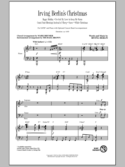 Learn to play Mark Brymer Irving Berlin's Christmas (Medley) sheet music for 2-Part Choir in minutes. Mark Brymer Irving Berlin's Christmas (Medley) sheet music notes and chords. Download Printable PDF.