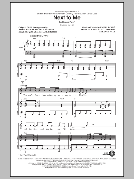 Emeli Sandé Next To Me (arr. Mark Brymer) sheet music notes and chords. Download Printable PDF.