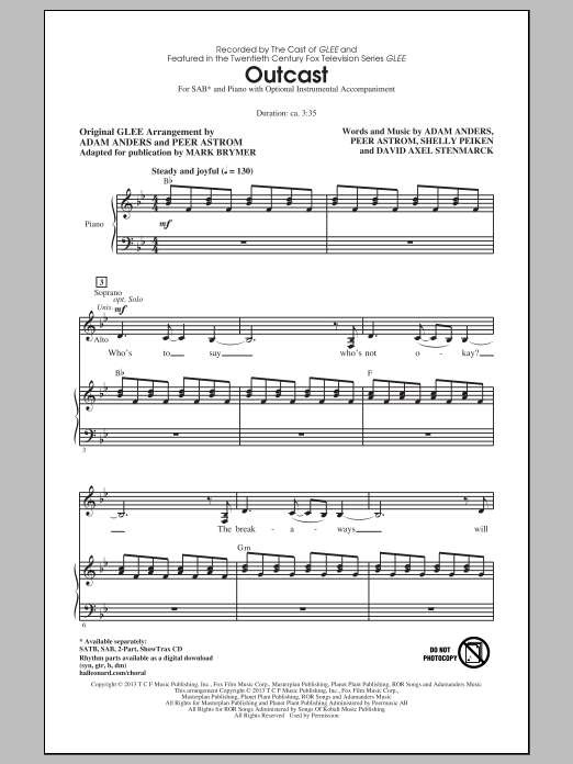 Glee Cast Outcast (arr. Mark Brymer) sheet music notes and chords. Download Printable PDF.