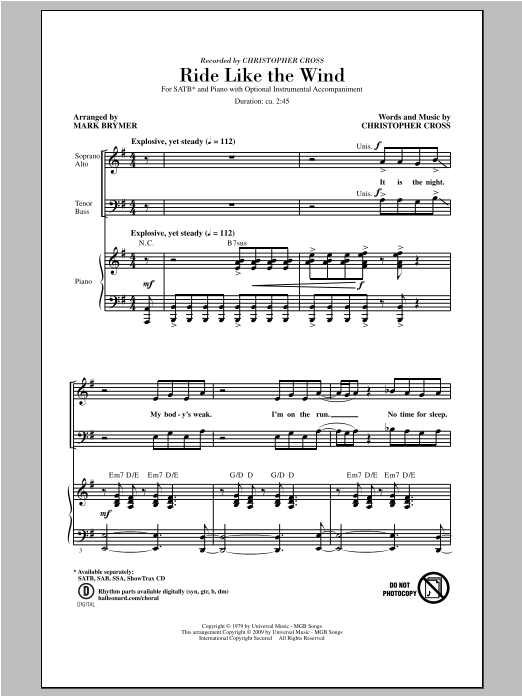 Learn to play Mark Brymer Ride Like The Wind sheet music for SATB Choir in minutes. Price: 3.9900$ Mark Brymer Ride Like The Wind sheet music notes and chords arranged for SATB Choir