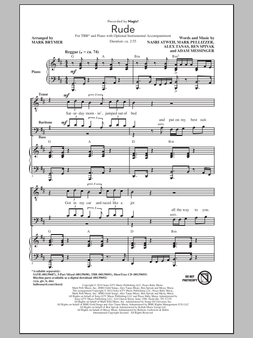 Learn to play MAGIC! Rude (arr. Mark Brymer) sheet music for TBB Choir in minutes. Price: 3.9900$ MAGIC! Rude (arr. Mark Brymer) sheet music notes and chords arranged for TBB Choir