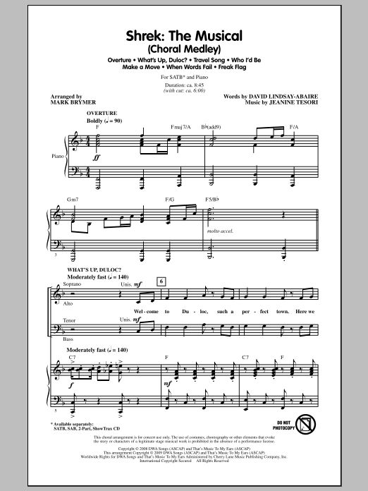 Learn to play Mark Brymer Shrek: The Musical (Choral Medley) sheet music for 2-Part Choir in minutes. Price: 4.7900$ Mark Brymer Shrek: The Musical (Choral Medley) sheet music notes and chords arranged for 2-Part Choir