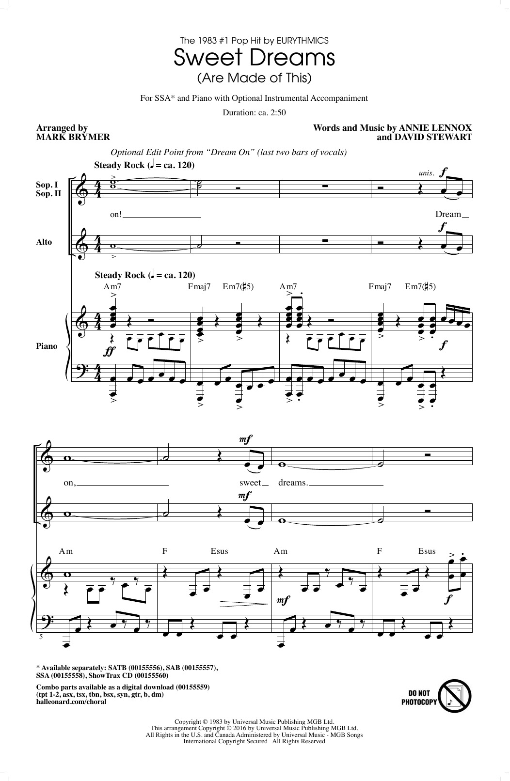 Mark Brymer Sweet Dreams Are Made Of This Sheet Music Pdf Notes Chords Pop Score Satb Choir Download Printable Sku 177419