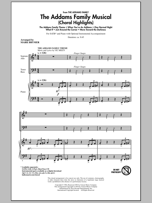 Learn to play Mark Brymer The Addams Family Musical (Choral Highlights) sheet music for SATB Choir in minutes. Price: 3.9900$ Mark Brymer The Addams Family Musical (Choral Highlights) sheet music notes and chords arranged for SATB Choir