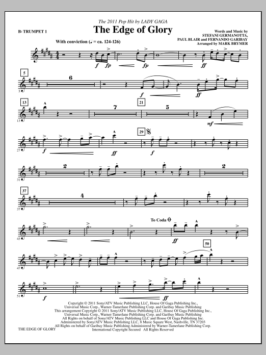 Learn to play Mark Brymer The Edge Of Glory - Bb Trumpet 1 sheet music for Choir Instrumental Pak in minutes. Price: 8.9900$ Mark Brymer The Edge Of Glory - Bb Trumpet 1 sheet music notes and chords arranged for Choir Instrumental Pak
