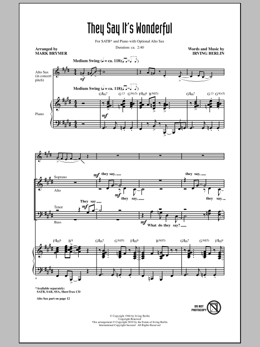 Learn to play Mark Brymer They Say It's Wonderful sheet music for SAB Choir in minutes. Price: 3.9900$ Mark Brymer They Say It's Wonderful sheet music notes and chords arranged for SAB Choir