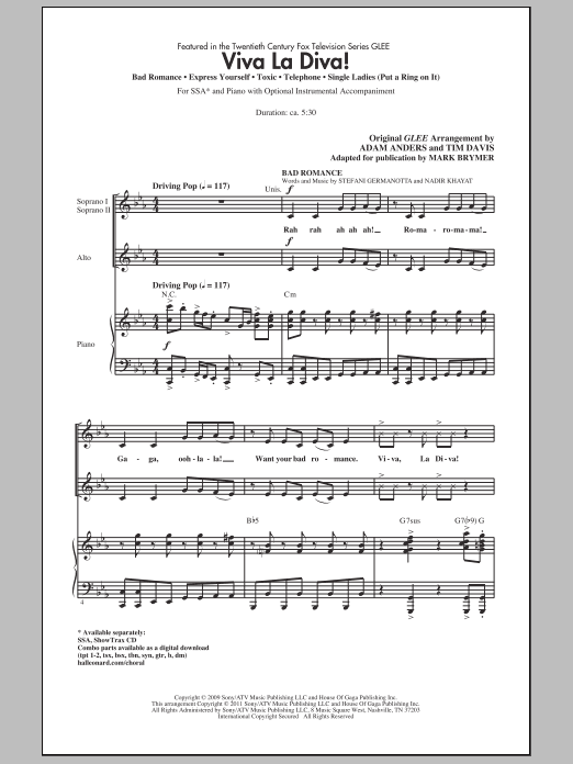 Learn to play Mark Brymer Viva La Diva! (Medley featuring Songs from Glee) sheet music for SSA Choir in minutes. Price: 3.9900$ Mark Brymer Viva La Diva! (Medley featuring Songs from Glee) sheet music notes and chords arranged for SSA Choir