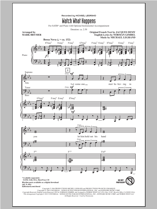 Michel Legrand Watch What Happens (arr. Mark Brymer) sheet music notes and chords. Download Printable PDF.