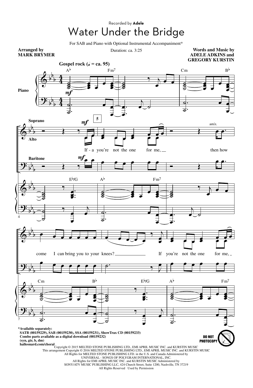 Adele Water Under The Bridge (arr. Mark Brymer) sheet music notes and chords. Download Printable PDF.