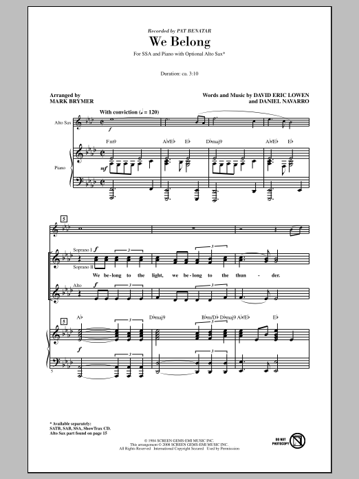 Pat Benatar We Belong (arr. Mark Brymer) sheet music notes and chords. Download Printable PDF.