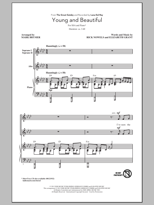 Lana Del Rey Young And Beautiful (arr. Mark Brymer) sheet music notes and chords. Download Printable PDF.