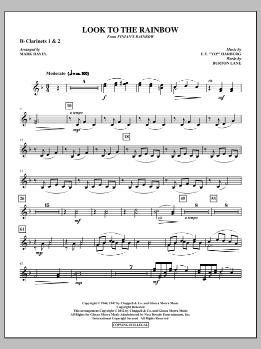 Learn to play Mark Hayes Look To The Rainbow - Bb Clarinet 1,2 sheet music for Choir Instrumental Pak in minutes. Price: 8.9900$ Mark Hayes Look To The Rainbow - Bb Clarinet 1,2 sheet music notes and chords arranged for Choir Instrumental Pak