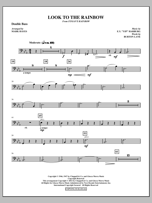 Learn to play Mark Hayes Look To The Rainbow - Double Bass sheet music for Choir Instrumental Pak in minutes. Price: 8.9900$ Mark Hayes Look To The Rainbow - Double Bass sheet music notes and chords arranged for Choir Instrumental Pak