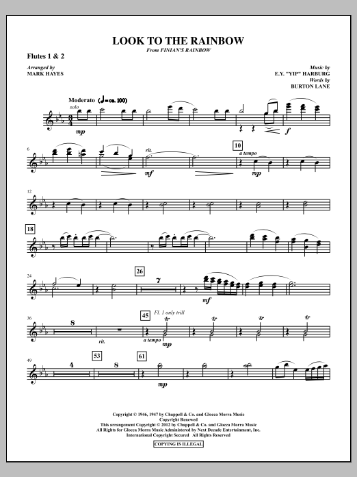 Learn to play Mark Hayes Look To The Rainbow - Flute 1 & 2 sheet music for Choir Instrumental Pak in minutes. Price: 8.9900$ Mark Hayes Look To The Rainbow - Flute 1 & 2 sheet music notes and chords arranged for Choir Instrumental Pak