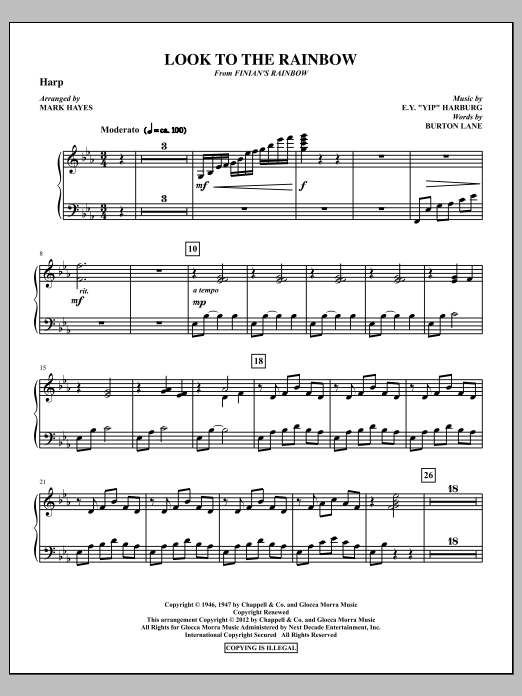 Learn to play Mark Hayes Look To The Rainbow - Harp sheet music for Choir Instrumental Pak in minutes. Price: 8.9900$ Mark Hayes Look To The Rainbow - Harp sheet music notes and chords arranged for Choir Instrumental Pak