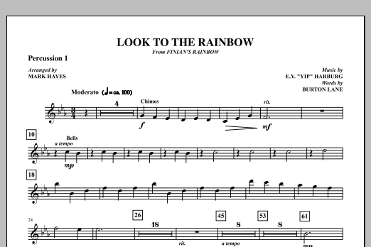 Learn to play Mark Hayes Look To The Rainbow - Percussion 1 sheet music for Choir Instrumental Pak in minutes. Price: 8.9900$ Mark Hayes Look To The Rainbow - Percussion 1 sheet music notes and chords arranged for Choir Instrumental Pak