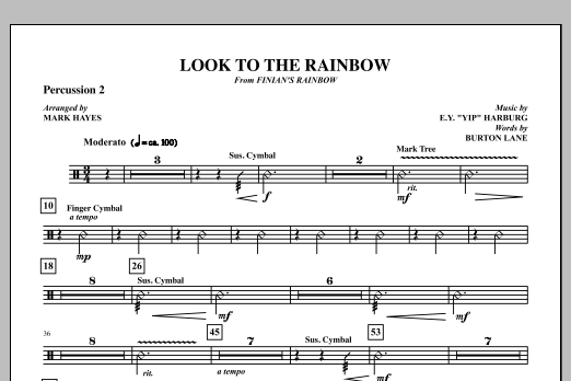 Learn to play Mark Hayes Look To The Rainbow - Percussion 2 sheet music for Choir Instrumental Pak in minutes. Price: 8.9900$ Mark Hayes Look To The Rainbow - Percussion 2 sheet music notes and chords arranged for Choir Instrumental Pak