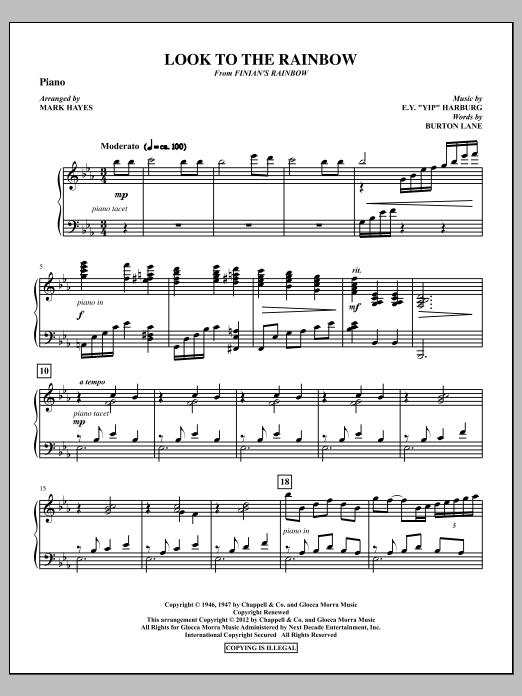 Learn to play Mark Hayes Look To The Rainbow - Piano sheet music for Choir Instrumental Pak in minutes. Price: 8.9900$ Mark Hayes Look To The Rainbow - Piano sheet music notes and chords arranged for Choir Instrumental Pak