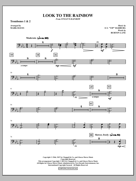 Learn to play Mark Hayes Look To The Rainbow - Trombone 1 & 2 sheet music for Choir Instrumental Pak in minutes. Price: 8.9900$ Mark Hayes Look To The Rainbow - Trombone 1 & 2 sheet music notes and chords arranged for Choir Instrumental Pak