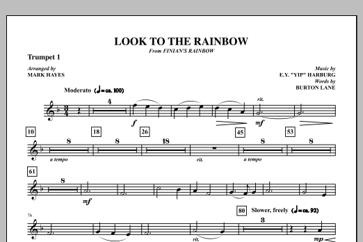 Learn to play Mark Hayes Look To The Rainbow - Trumpet 1 sheet music for Choir Instrumental Pak in minutes. Price: 8.9900$ Mark Hayes Look To The Rainbow - Trumpet 1 sheet music notes and chords arranged for Choir Instrumental Pak