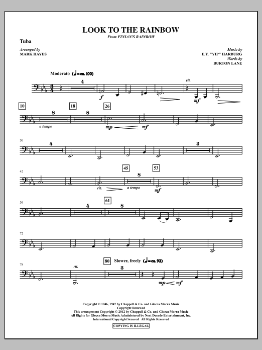 Learn to play Mark Hayes Look To The Rainbow - Tuba sheet music for Choir Instrumental Pak in minutes. Price: 8.9900$ Mark Hayes Look To The Rainbow - Tuba sheet music notes and chords arranged for Choir Instrumental Pak